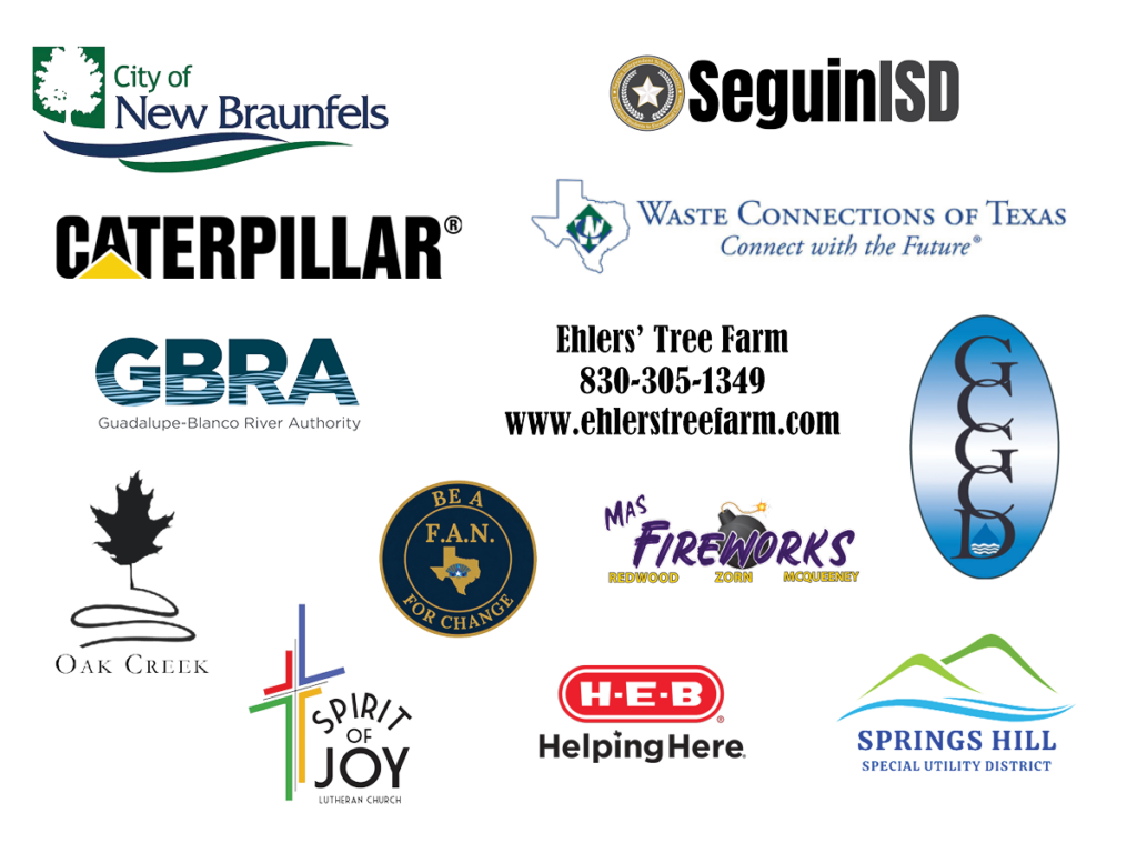 Sponsor Logos: City of New Braunfels, Seguin ISD, Caterpillar, Seguin Waste Connections, Guadalupe-Blanco River Authority, Ehler's Tree Farm, Guadalupe County Groundwater Conservation District, Oak Creek HOA, Spirit of Joy Lutheran Church, Felicia's Action Network, Mas Fireworks, HEB, Springs Hill Special Utility District